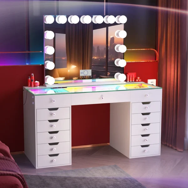 1_fd42014b-530c-411f-b474-04d7faf98f97 VANITII Eva-RGB Vanity Desk Set with 13 Storage Drawers and 15 Bulbs Light Mirror