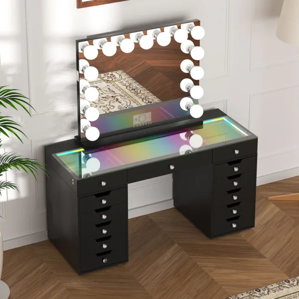 2_14 VANITII Eva-RGB Vanity Desk Set with 13 Storage Drawers and 15 Bulbs Light Mirror