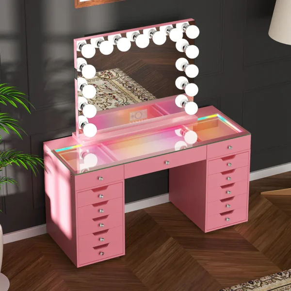 3_9 VANITII Eva-RGB Vanity Desk Set with 13 Storage Drawers and 15 Bulbs Light Mirror